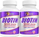Sunshine Naturals Biotin Suplemento dietético. para la piel más saludable, cabello delgado, crecimiento de la uñas. Collagen, vitamina A, B para la pérdida del cabello, belleza, renovación celular, salud del cuero cabelludo. 5000 mcg. 90 cápsulas. Paquete de 2