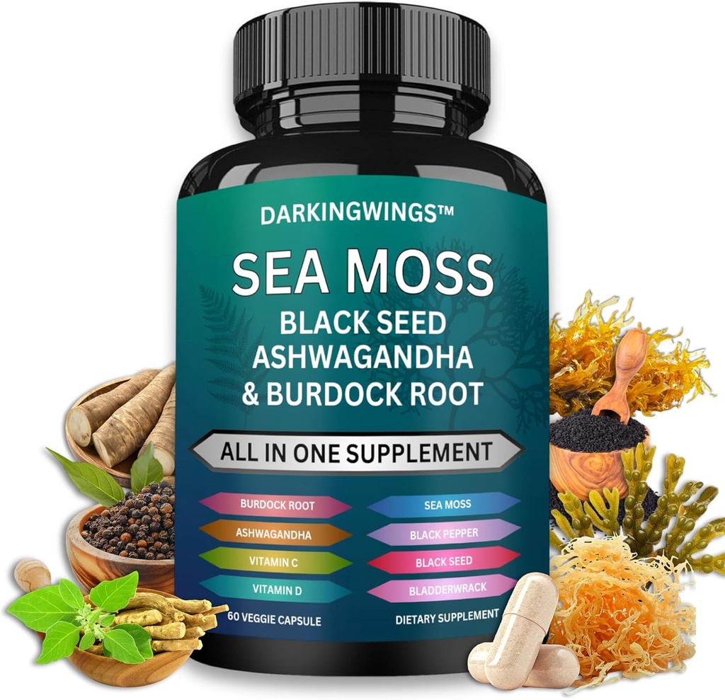 Sea Moss Advanced - Sea Moss 3000mg Black Seed Oil 2000mg Ashwagandha 1000MG Bladderwrack 1000mg Burdock 1000mg & Vitamin C Vitamin D3 For Skin Hair Supplements |Man & Women| 30 Days Supply Capsules