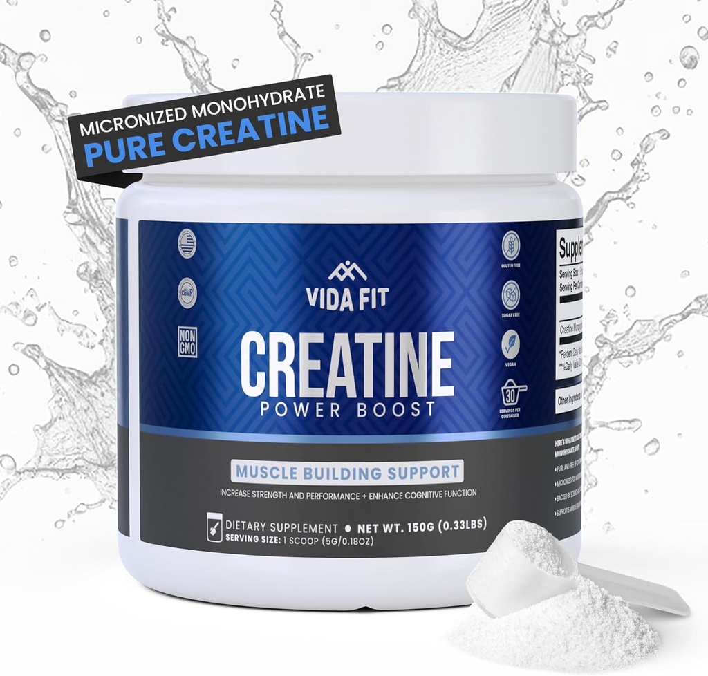 Micronized Creatine Monohydrate Powder, Vegan Creatine Powder Unflavoured, Suplementos para Hombres, Pure Workout Essentials for Women, NSF Certified (150g) (5g Por Serv) (30 Servings) - Vida Fit