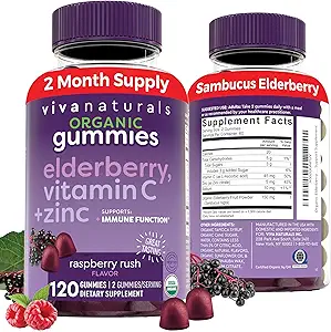 Viva Naturals Orgánica Sambucus Gummies para Adultos (120 Conde) - 3in1 Black Elderberry Vitamina C y Zinc Immune Apoyo Gummies, Chewable Elderberry Suplementos, Zinc Immunity Gummies