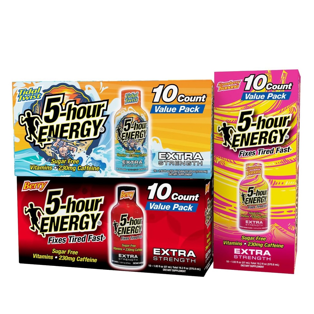 5-Hour Energy Extra Strength Shots Variety Pack, 30 Count (1.93 fl oz) - Extra Strength Berry, Tidal Twist, Strawberry Banana Flavors