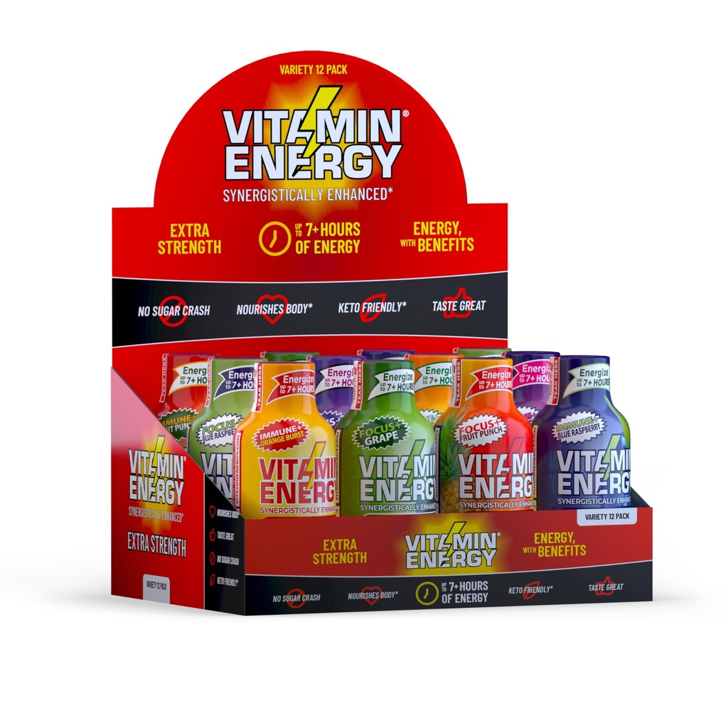Vitamin Energy Extra Strength Energy Shot Variety Pack 12 Pack, 260mg Natural Caffeine, B-Vitamins, Vitamin D, NALT, Rhodiola, Mood, Focus, Immunity & Strength Support, Zero Sugar, Vegan, 1.93 fl oz