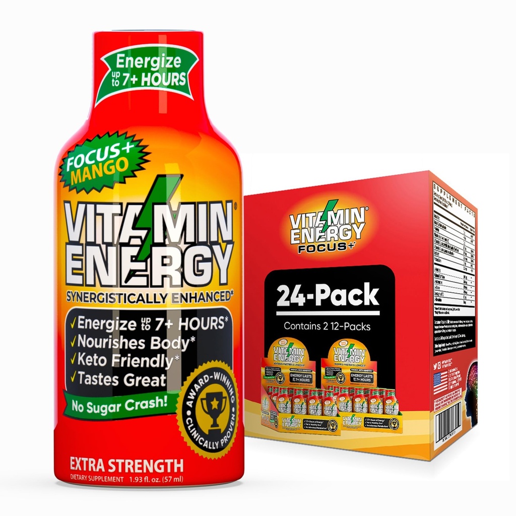 Vitamin Energy Focus+ Extra Strength Energy Shot Mango 24 Pack, 260mg Natural Caffeine, B-Vitamins, CoQ10, Amino Acids, Focus, Productivity & Clarity, Zero Sugar, Gluten-Free, 1.93 fl oz