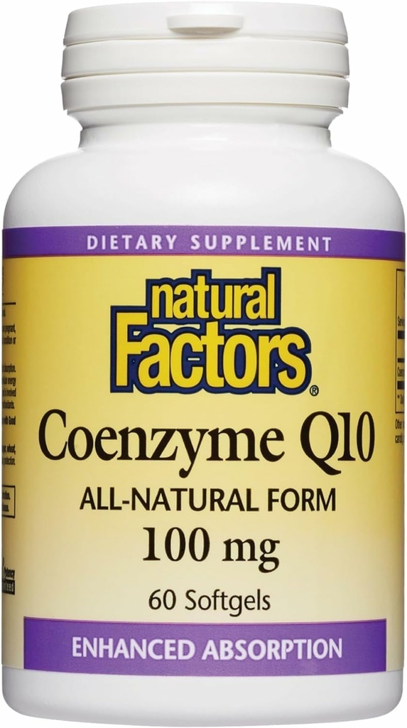 Factores naturales Coenzima Q10 - Apoyo al Antioxidante Suplementos Soportes Producción de energía celular - Ayudas de absorción mejor Función cardíaca saludable - 100 mg, 60 Softgels (60 Servimientos)