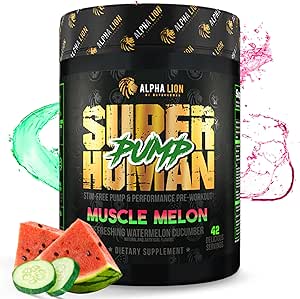 ALPHA LION Superhuman Pump Pre Workout Powder, Caffeine Free &amp; Stim Free Preworkout Suplemento, Nitric Oxide Booster, Muscle Gainer, Energy & Focus (42 Servings, Muscle Melon Flavor)