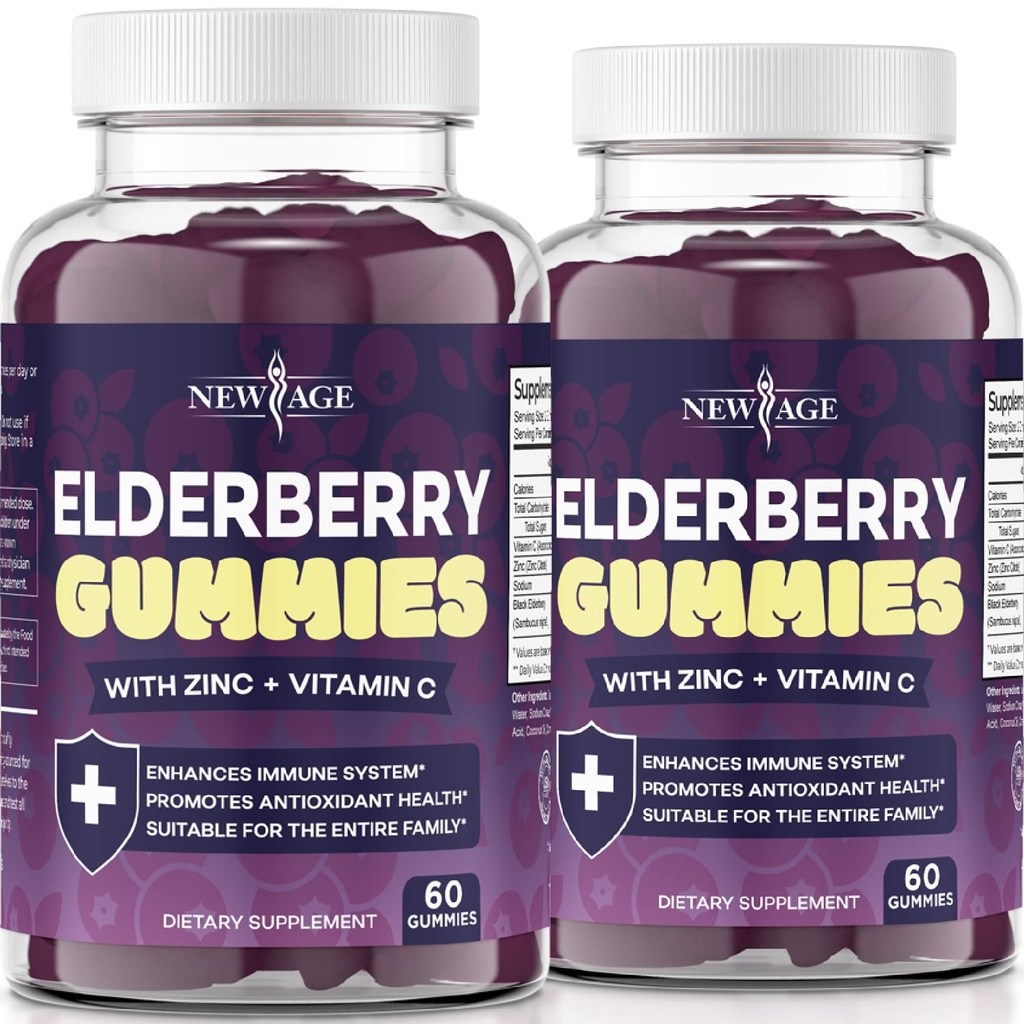 NUEVA AGE (2-Pack) Premium Elderberry Gummies para Adultos Niños con Vitamin C, Zinc, Propolis - Sambucus Black Elderberry Gummy Extract - Gluten Gratis &amp; Vegetarian - 120 Gummies