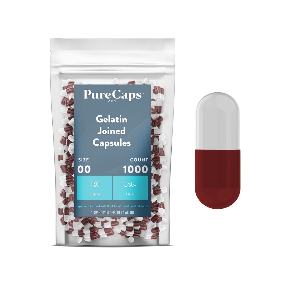 PureCaps USA - Empty Gelatin Capsules Size 00| 1,000 Joined Pills| Scarlet Red/White| Non-GMO Certified | SLS, Gluten, Preservative Free
