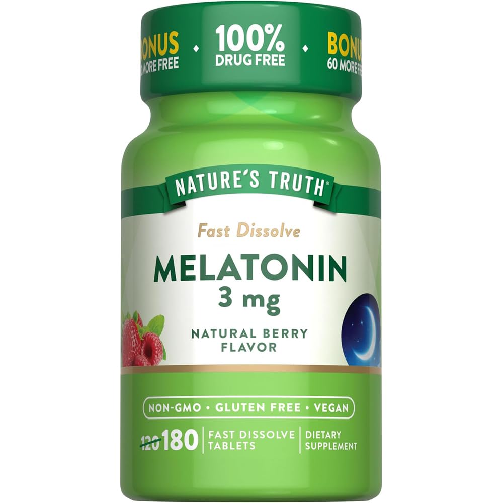 Nature's Truth Melatonin 3 mg Fast Dissolve Tabs Natural Berry Flavor - 180 ct, Pack of 3