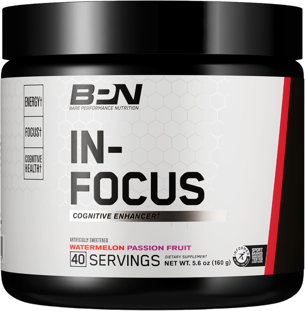 BARE PERFORMANCE NUTRITION, BPN in-Focus Brain Support Suplemento, Mejora Focus &amp; Energy, Alpha GPC, Watermelon Passionfruit, 40 Servings