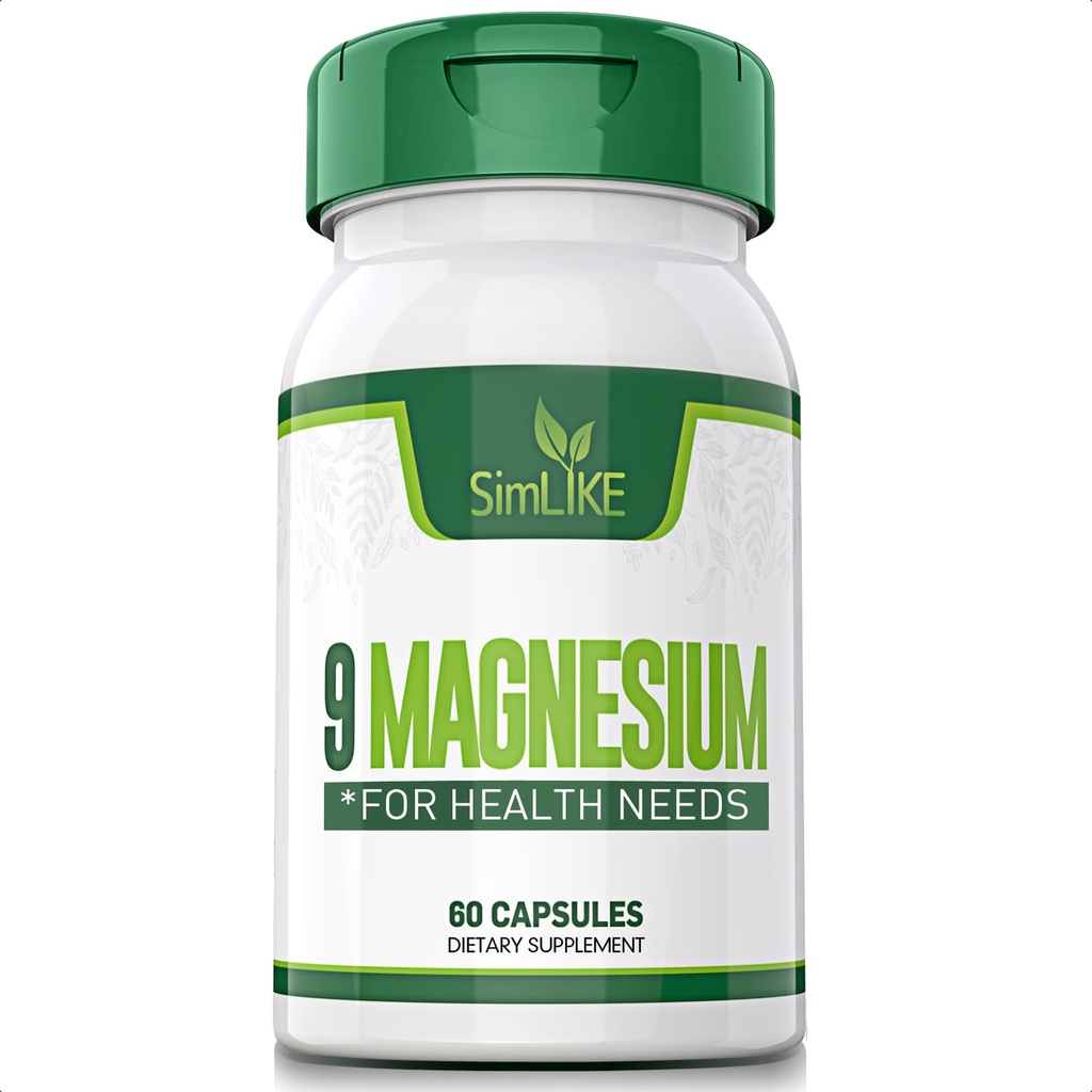 Magnesium Supplement with 9 Forms of High Absorption Magnesium Glycinate, L-threonate, Citrate, Malate and More for Muscle, Brain Support, Non-GMO, Gluten & Soy Free, 60 Capsules