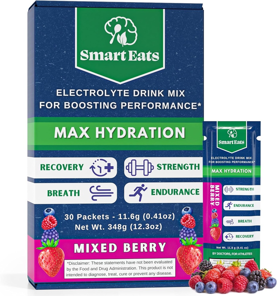 Smart Eats Electrolyte Powder - 1,690mg Electrolytes, 9 Minerales Esenciales & Vitaminas, 5 Antioxidantes, Hidratación Rápida &amp; Energizante, Diseñado por Médicos, ■1 Gram Sugar, Sour Berry Flavor - 30 Packets