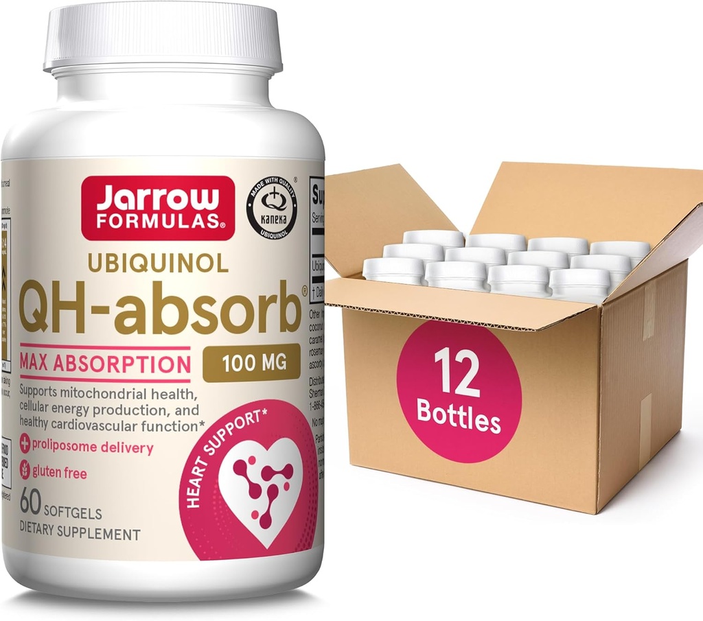 Fórmulas Jarrow QH-Absorb 100 mg Max Absorption- CoQ10 Ubiquinol- Hasta 60 Servings (Softgels) - Apoya la salud mitocondrial, producción de energía celular " Función cardiovascular saludable, Pack de 12