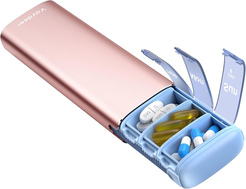 Vaydeer Metal Travel Pill Organizer, 7 Day Weekly Pill Box, Large Capacity Daily Cute Pill Fund for Supplements, Pills, Vitamins and Medication (Small, Rose Gold)