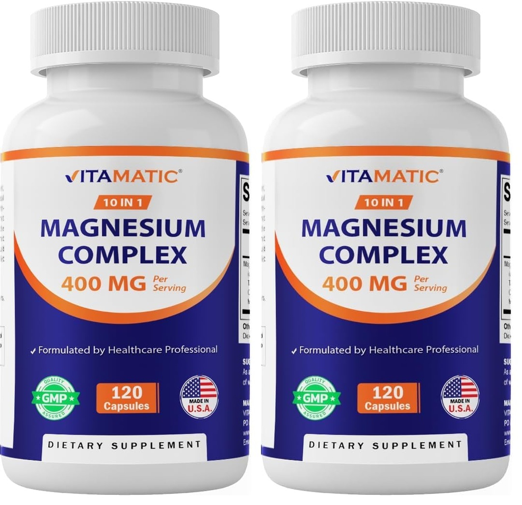 Vitamatic Magnesium Complex, 400mg Elemental MG (as Bisglycinate, Citrate, Taurate, Malate, Aspartate, Oxide, Gluconate, Lysinate Glycinate, Orotate, Succinate) – 120 Capsules (Pack of 2)