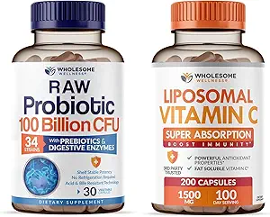 Wholesome Wellness Organic Probiotics 100 Billion CFU, Dr Formulated for Women and Men + Liposomal Vitamina C Capsules (200 Pills 1500mg Buffered) Alta Absorción VIT C Bundle