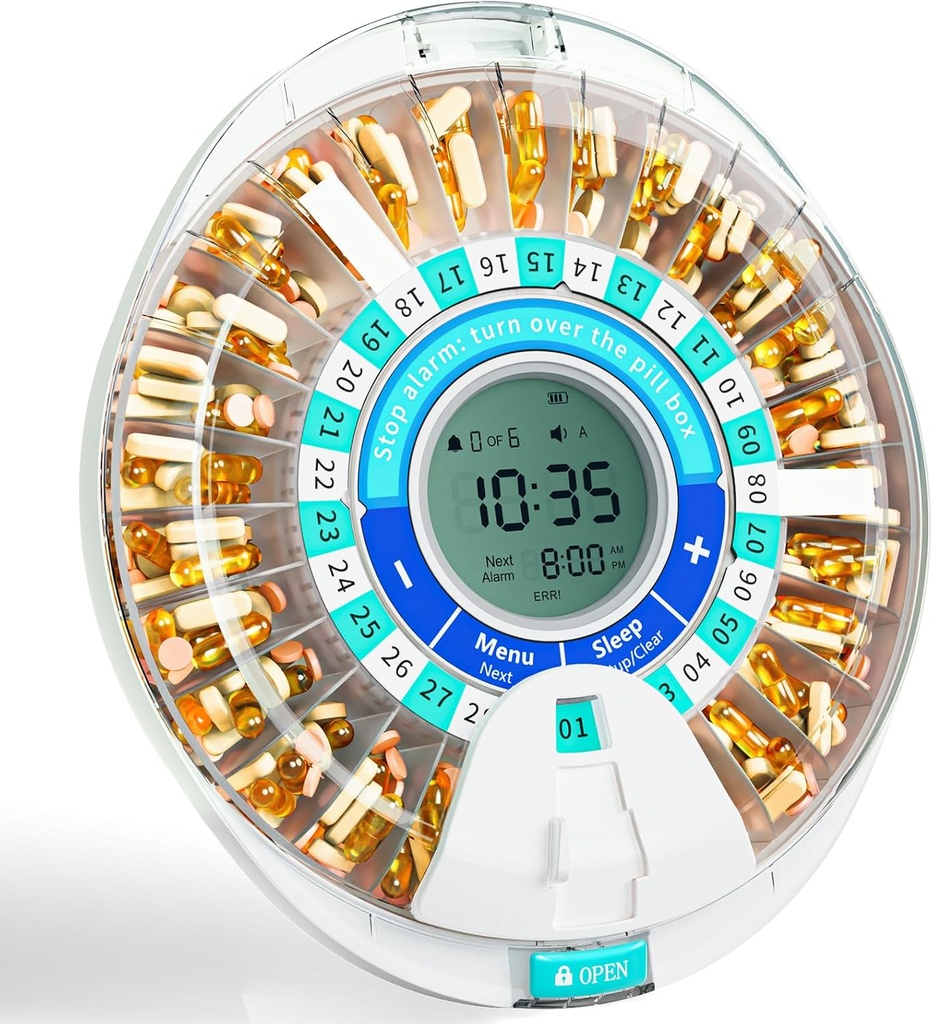 Dispensador automático de píldoras Windtrace para el dispensador de píldoras mensuales electrónico con Alarma & Luz, dispensador de medicamentos de bloqueo inteligente de 28 días, máquina de dispensador de píldoras templadas para prescripciones & vitaminas