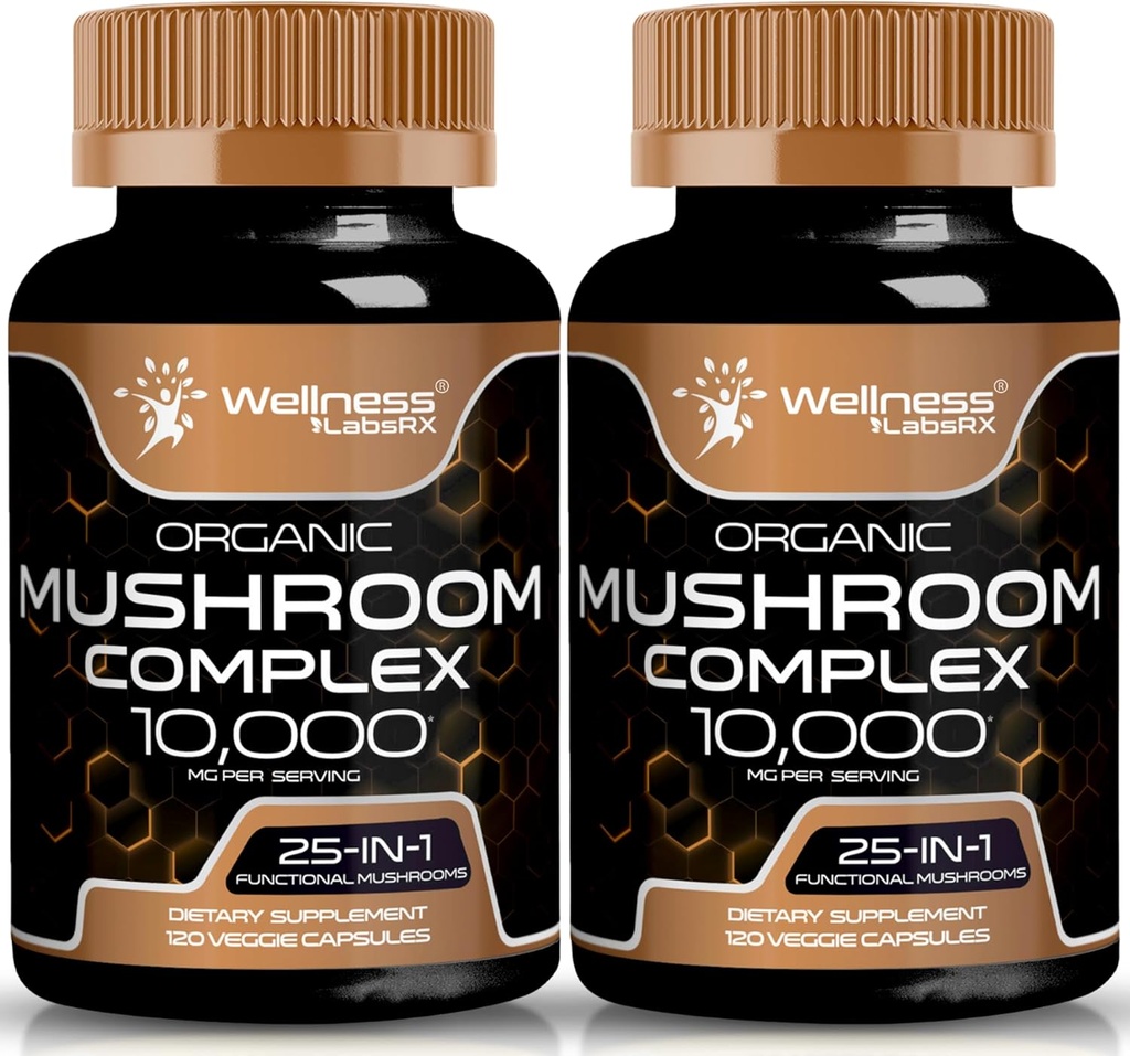 WELLNESS LABSRX Mushroom Supplement Capsules 10:1 Extract, Mushroom Complex Capsules 1000mg, Lions Mane Supplement with Turkey Tail, Cordyceps, Reishi - 2 Pack