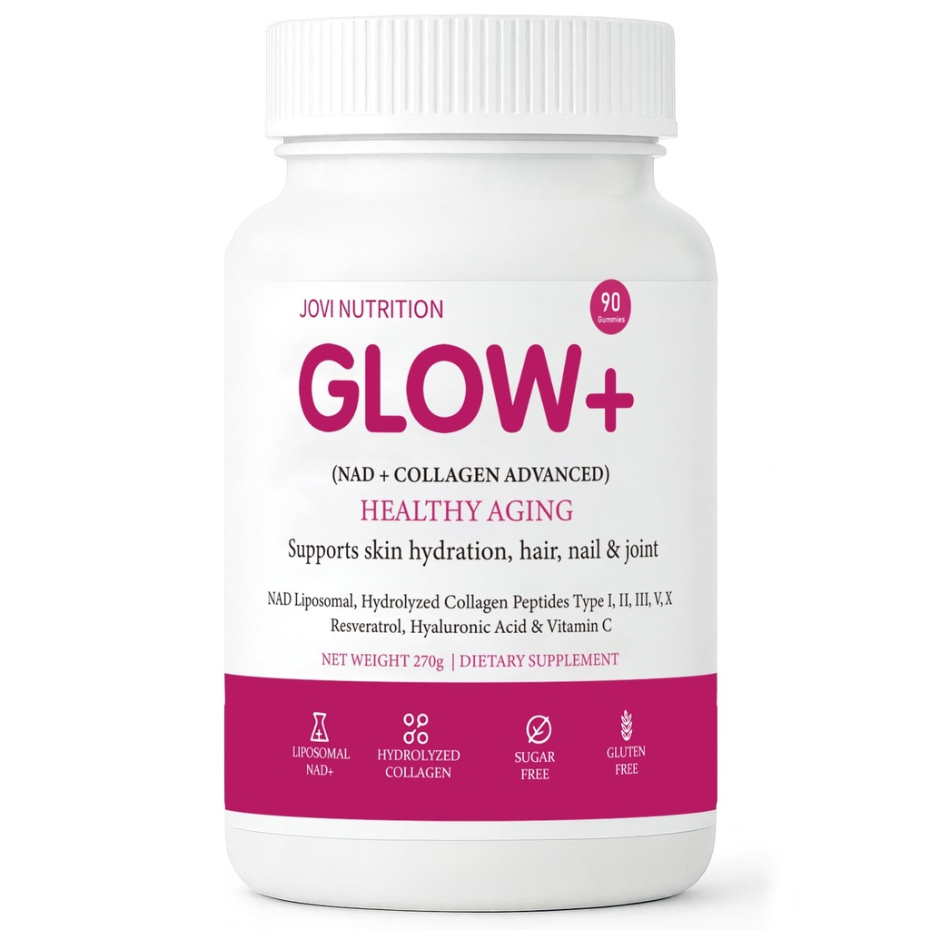 Jovi Nutrition Glow+ NAD+ & Collagen Gummies, Multi-Type Hydrolyzed Collagen Peptides with Resveratrol, 90 Count