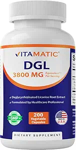 Vitamatic DGL Licorice 3800 mg Equivalente por Serving (a partir de 10:1 Extracto 380 mg) - 10X Stronger - Asistencia Funciones digestivas saludables y respiratorias - 200 cápsulas