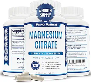 Citrato de magnesio puramente optimista 500mg – Suplemento de magnesio para la salud digestiva, alivio del estreñimiento suave, apoyo al músculo y sueño, calma y relajación – alta absorción, 120 cápsulas fáciles de cambiar