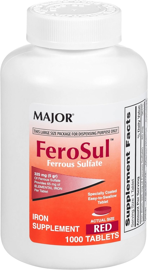 Major FeroSul - Sulfato ferroso 325 mg Tabletas - Suplemento de hierro para mujeres y hombres - Especialmente Coated Tablas fáciles de cambiar - Rojo - 1000 Cuadros
