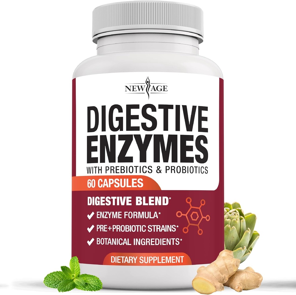 NUEVO AGE Digestive Enzymes for Gut Health - Probiotic Multi Enzymes with Prebiotics and Probiotics with Lipase for Women and Men for Digestive Health, Daily Enzymes for Digestion - 60 Count