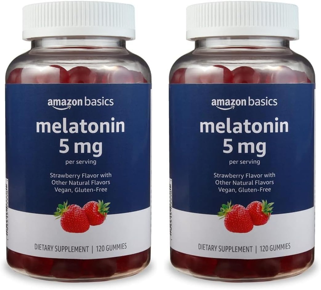 Basics Melatonin 5mg, 120 Gummies (2 per Serving), Strawberry (antes Solimo) (Pack of 2)