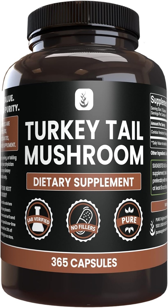 Ingredientes originales puros Turquía Tail Mushroom, (365 capsules) No hay magnesio o rifles de arroz, siempre puro, lab Verified