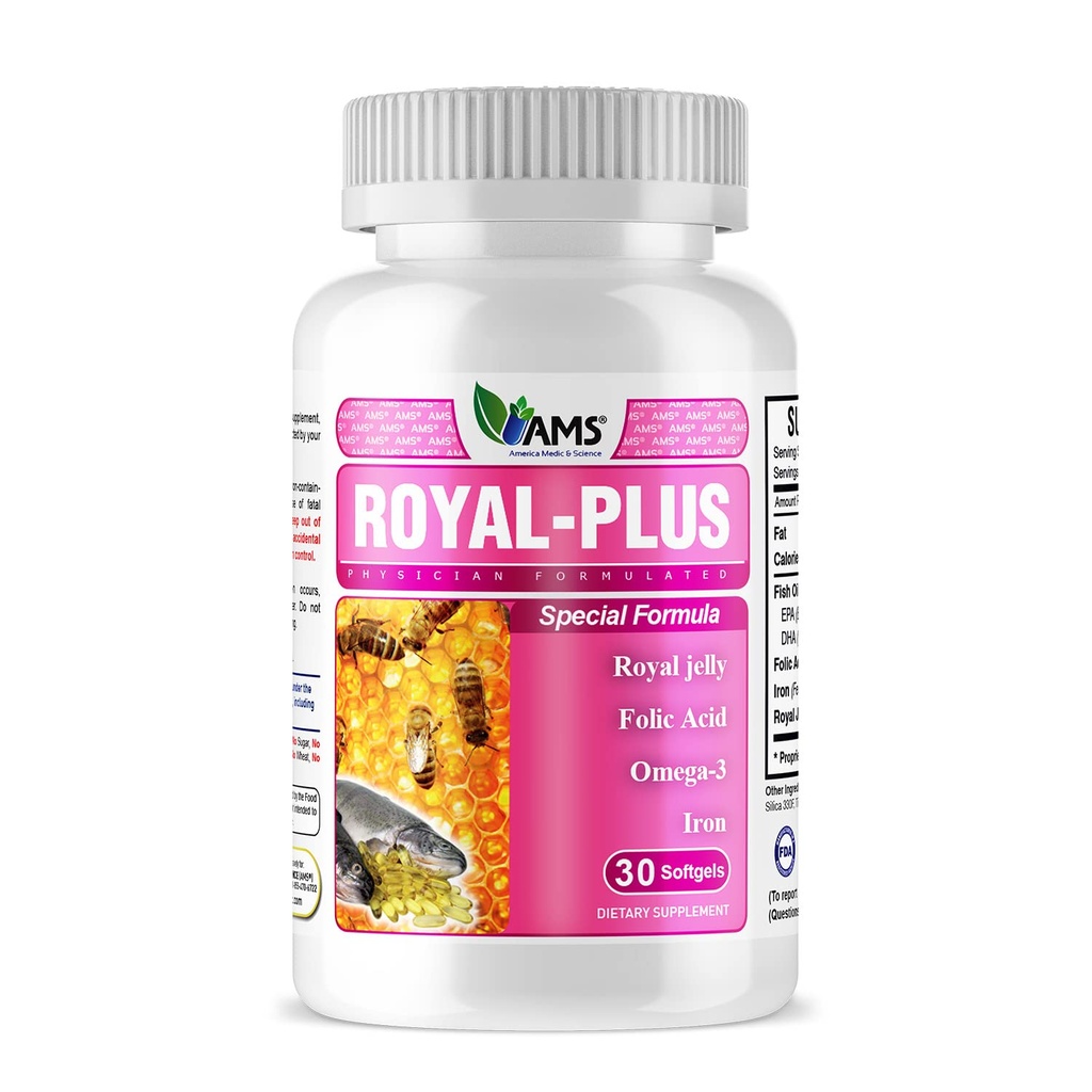 America Medic & Science Royal-Plus (30 softgels) | Royal Jelly Prenatal Vitamins for Women | Iron Supplements with Fish Oil Omega-3 Fatty Acids and Folic Acid | Vital Nutrients for Pregnancy