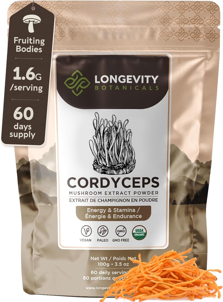 Longevity Botanicals Organic Cordyceps Mushroom Extract Powder 100g TEN Concentrated 10:1 Ratio TEN 100% Fruiting Bodies ANTE Cordyceps Militaris Natural Supplement for Energy, Stamina &amp; Respiratory Support