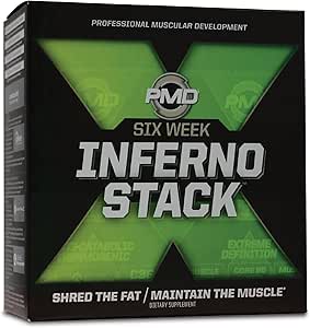 PMD Sports Six Week Inferno Stack - Maximum Strength Fat Burner y CLA Omega Fatty Acid to Lose Fat Fast y Aumentar el tono muscular - Arsenal X Inferno/120 Gels líquidos, Omega Corta Elite/180 Softgels