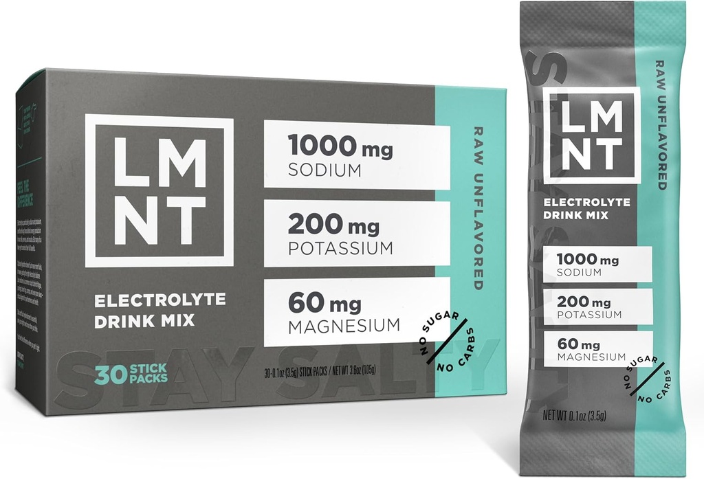 LMNT Zero Sugar Electrolytes - Raw Unflavored Sal ← Bebida Mix tención 30-Count