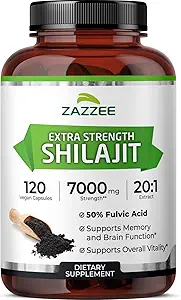 Zazzee 100% puro Himalayan Shilajit 20:1 Extracto, 7000 mg Fuerza por cápsula, 50% Ácido Fulvico, 120 Serviciones por botella, 20X Potency, Rich in Trace Minerals, Non-GMO, Vegan, Made in The USA