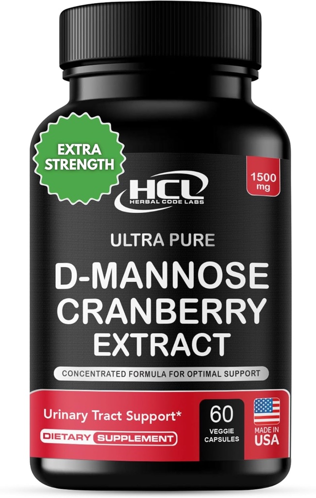 HCL HERBAL CODE LABS D-Mannose with Cranberry Extract Capsules 1500mg – High Potency USP Grade D-Mannose Supplement with Whole Fruit Cranberry Powder – Urinary Tract Support – Non-GMO 60 cápsulas