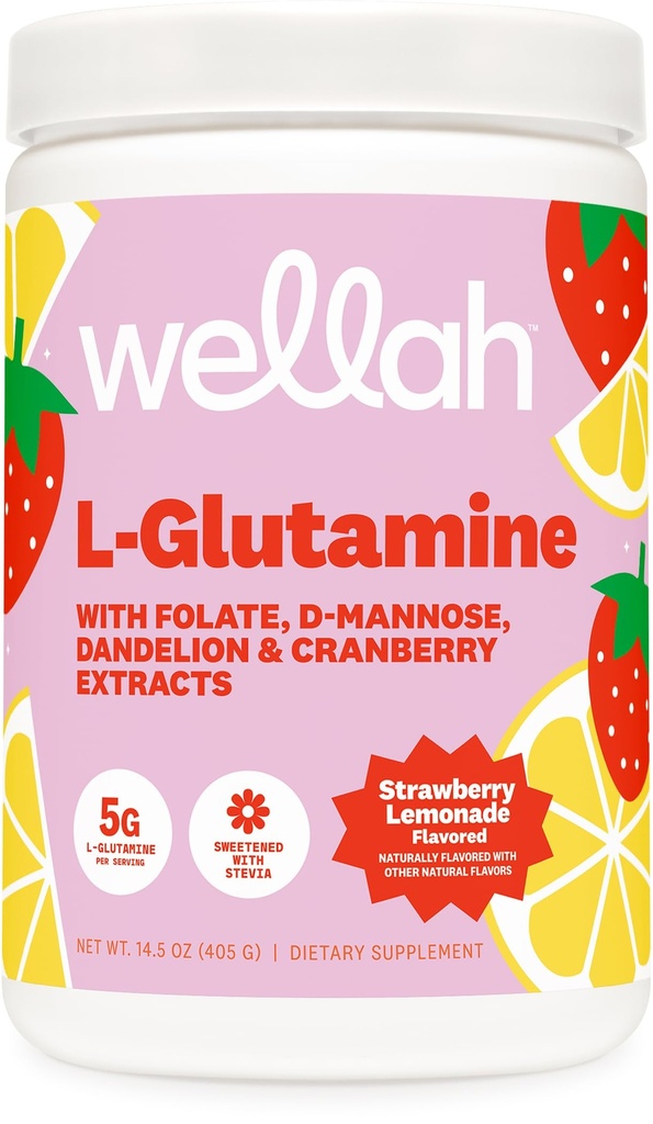 Wellah L-Glutamine Strawberry Lemonade Flavored (50 Servings) - 5g L-Glutamine Por Serving, Endulzado con Stevia
