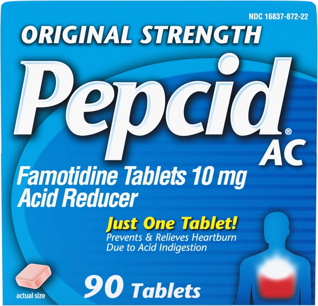 Pepcid AC Original Strength Heartburn Relief Tablets, OTC Medicine Prevents ' Relieves Heartburn Debido a la indigestión de ácido " Sour Stomach, 10mg Famotidine Acid Reducer, Fast-Acting, 90 ct