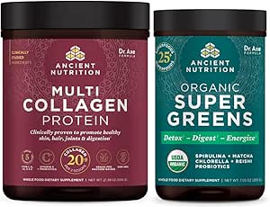 Ancient Nutrition Multi Collagen Protein Powder, Unflavored, 60 Servings + Supergreens Powder, Greens Flavor, 25 Servings