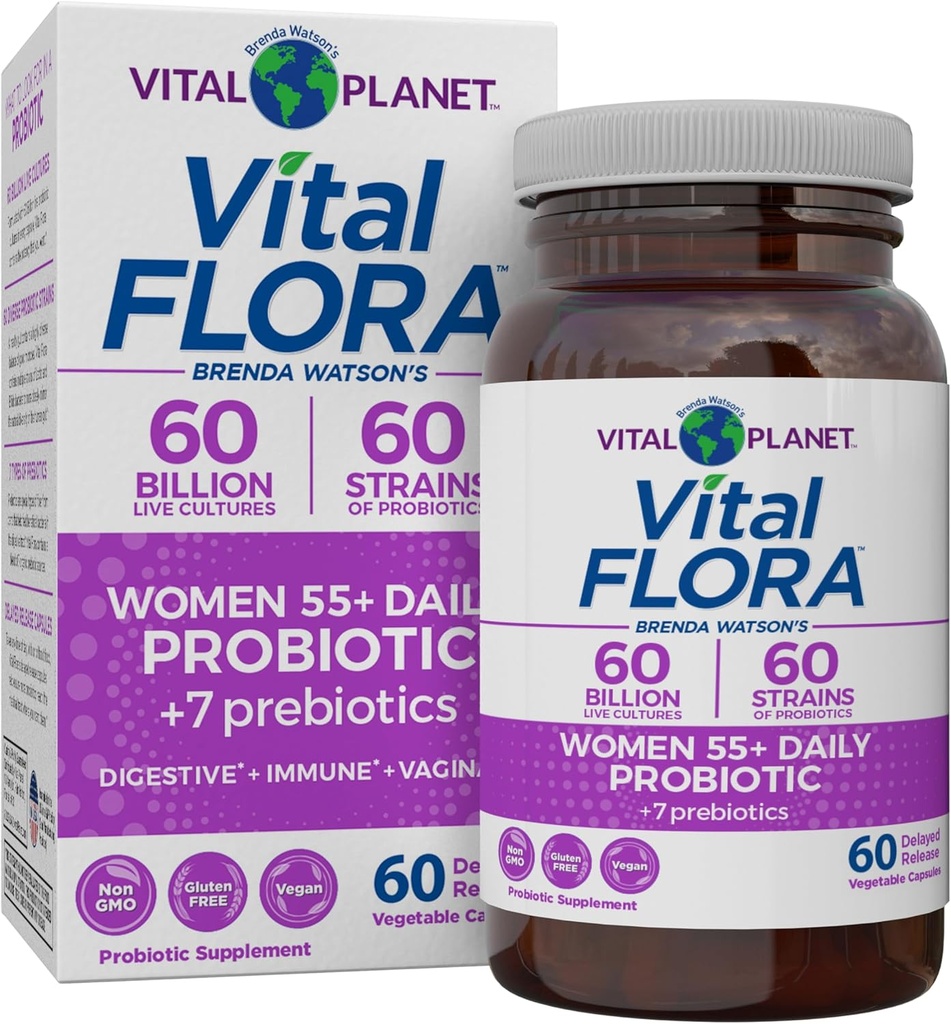 Planeta Vital - Mujeres de Flora Vital Más de 55 Probióticos diarios, 60 Billones CFU, Strains Diversos, Prebióticos Orgánicos, Apoyo Vaginal e Inmunitario, Probióticos de Salud Digestiva para Mujeres 60 cápsulas