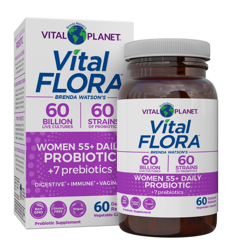 Planeta Vital - Mujeres de Flora Vital Más de 55 Probióticos diarios, 60 Billones CFU, Strains Diversos, Prebióticos Orgánicos, Apoyo Vaginal e Inmunitario, Probióticos de Salud Digestiva para Mujeres 60 cápsulas