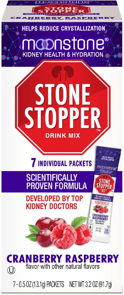 Moonstone Kidney Stone Stopper Drink Mix Cranberry Raspberry, Outperforms Chanca Piedra " Kidney Support Supplements, Desarrollado por los urólogos para prevenir los cálculos renales " Mejorar la hidratación, 7 Day Supply