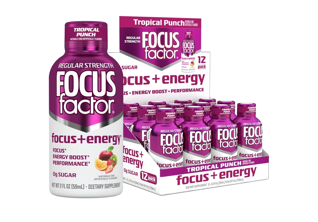 Focus Factor Focus + Energy Shots - 12 x 2oz Bottles (Tropical Punch Flavor) - Powered by Nootropics with Caffeine, L-Theanine, Ginkgo, Bacopa, L-Tyrosine, Alpha GPC