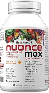ANDREW LESSMAN Essential-1 nuonce max Multivitamin 2000 UI Vitamin D3 180 Capsules pequeños. 100 mcg Methyl B12. CoQ10 Lutein Lycopene Zeaxanthin. High Potency. Sin aditivos. Ultra-Mild One Daily Capsule