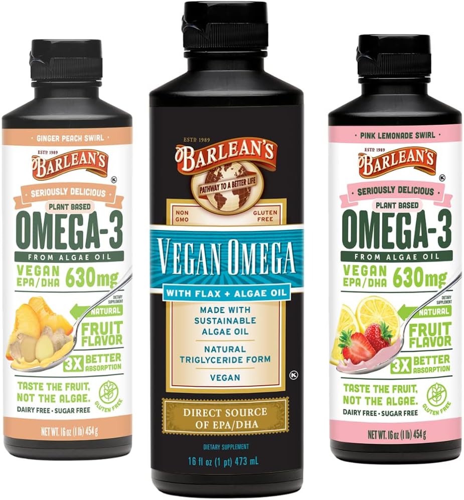 Barlean's Vegan Omega 3 Algae Oil Liquid Supplement Bundle, Incluye Flaxseed y Algae Oil Blend, Ginger Peach, y Pink Lemonade Flavors, EPA y DHA Fatty Acids