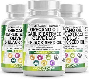 Nutracéuticos limpios Oregano Aceite de ajo Extracto Aceite de aceite de oliva - Soporte inmunitario &amp; Suplemento de salud digestiva para mujeres y hombres con vitamina D3 &amp; Zinc - 3Pack