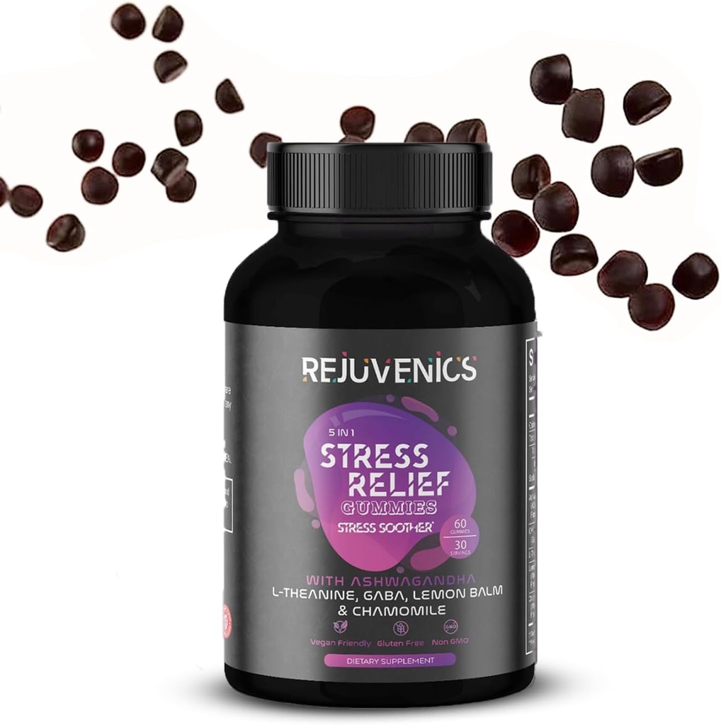 Gummies de alivio de estrés con Ashwagandha, L-Theanine, GABA, Lemon Balm y Chamomile -60 Condes