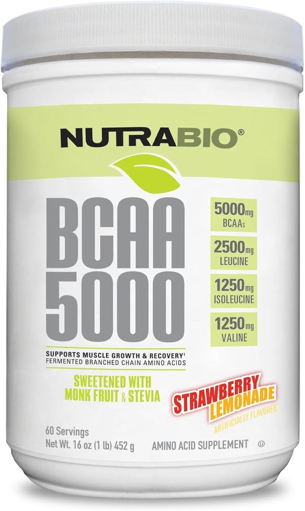 NutraBio BCAA 5000 Powder - Aminoácidos ramificados fermentados de cadena para el crecimiento muscular " recuperación - Sabores naturales, endulzantes y para colorear, Vegan, Gluten Free - Lemonade de fresa, 60 Servimientos