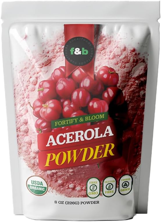 f superfoods Pure Organic Acerola Cherry Powder Freeze Dried (8oz), Organic Vitamin C Powder para Immune System Booster, Smoothie, Cherry Juice, acerola Vitamina c Bulk Powder, Brazil Origin.