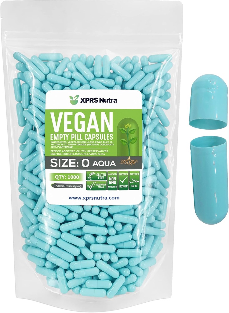 XPRS Nutra Tamaño 0 Empty Capsules - 1000 Conde Vacío Cápsulas Vegan - Láminas Vegetarianas - DIY Cápsulas Vegetal Filling- Veggie Pill Gel Caps for Do-It-Yourself Suplementos (Aqua)
