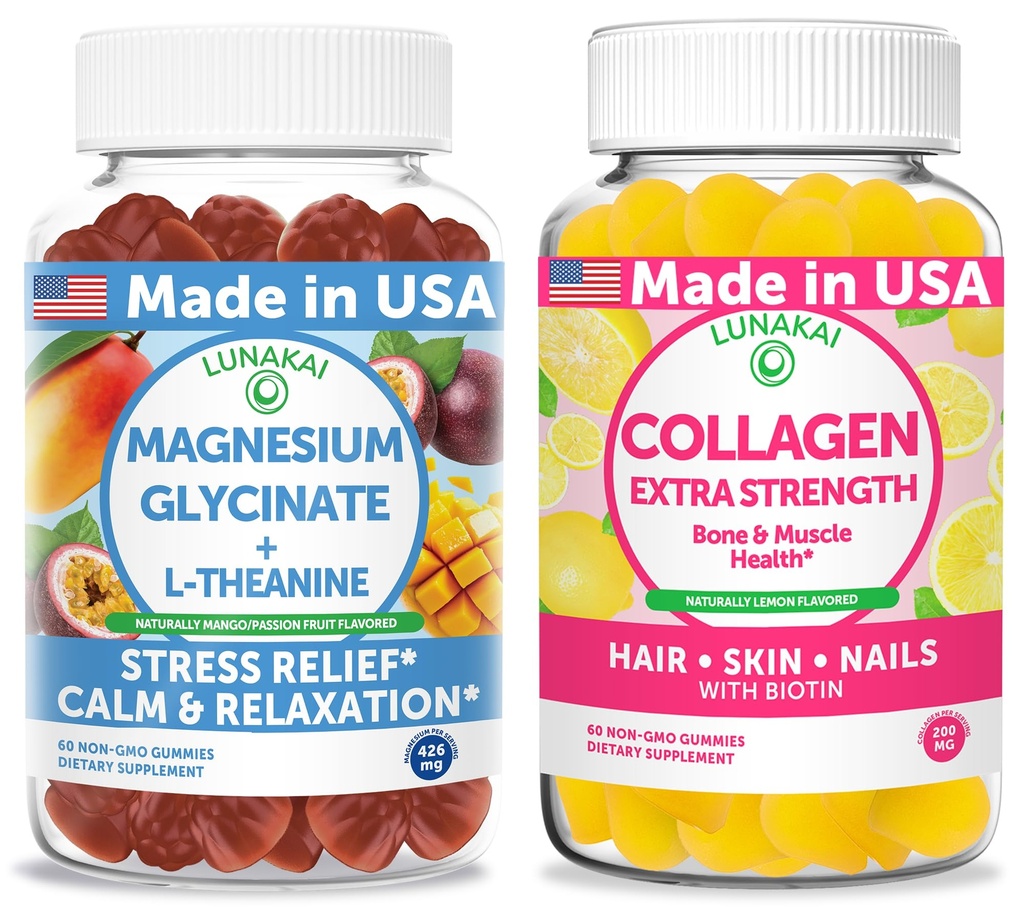 Lunakai USA Made Magnesium Glycinate with L-Theanine + Collagen Extra Strength Gummies Bundle – Naturally Flavored, Non-GMO – 60ct Each