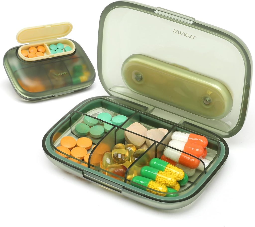 Toplive 6 Compartimientos Caja pequeña de la píldora Organizador de la pila de bolsillo Caso de viaje Portable pequeño contenedor con caja de la pluma magnética de la luz del proof, verde